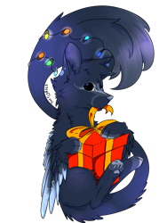 Size: 562x786 | Tagged: species needed, safe, artist:intfighter, oc, oc only, fictional species, feral, 2016, ambiguous gender, christmas, christmas lights, holiday, lights, paw pads, paws, present, simple background, sitting, solo, solo ambiguous, transparent background, underpaw
