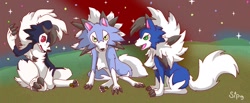 Size: 1280x529 | Tagged: safe, artist:likemaniac, dusk lycanroc, fictional species, lycanroc, midday lycanroc, midnight lycanroc, shiny pokémon, anthro, feral, nintendo, pokémon, 2020, ambiguous gender, black claws, blue fur, claws, digital art, fangs, fluff, fur, grass, green eyes, group, long tail, open mouth, outdoors, paw pads, paws, red eyes, sharp teeth, short tail, signature, sitting, sky, tail, tail fluff, teeth, trio, underpaw, white fur