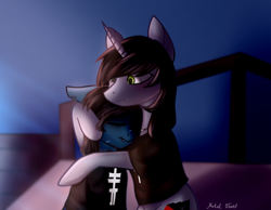 Size: 2900x2256 | Tagged: safe, artist:mortalwound, earth pony, equine, fictional species, mammal, pony, undead, unicorn, zombie, zombie pony, feral, bring me the horizon, drop dead clothing, friendship is magic, hasbro, kellin quinn, my little pony, oliver sykes, sleeping with sirens, 2020, blue fur, brown hair, brown mane, clothes, commission, digital art, disguise, disguised siren, eyes closed, fangs, feral/feral, feralized, floppy ears, frowning, fur, furrified, gray fur, green eyes, hair, high res, hooves, horn, hug, jewelry, lip piercing, long sleeves, male, male/male, mane, necklace, piercing, ponified, scar, sharp teeth, shipping, shirt, signature, sitting, smiling, stallion, t-shirt, tattoo, teeth, topwear, torn ear, ych result