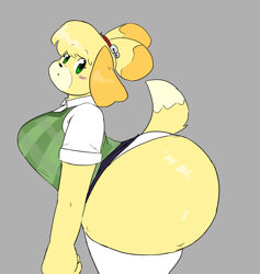 Size: 900x950 | Tagged: suggestive, artist:unawarey, isabelle (animal crossing), canine, dog, mammal, shih tzu, anthro, animal crossing, nintendo, 2020, big breasts, blushing, breasts, clothes, female, fur, gray background, hourglass figure, hyper, hyper butt, hyper hourglass figure, looking at you, panties, side view, simple background, solo, solo female, tail, underwear, yellow fur