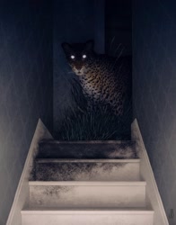 Size: 1400x1782 | Tagged: safe, artist:dappermouth_art, big cat, feline, leopard, mammal, feral, darkness, empty eyes, glowing, glowing eyes, grass, looking at you, solo, stairs, surreal
