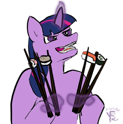 Size: 929x941 | Tagged: safe, artist:frostclaw, twilight sparkle (mlp), equine, fictional species, mammal, pony, unicorn, feral, friendship is magic, hasbro, my little pony, 2020, atg 2020, chopsticks, female, food, herbivore confusion, horn, mare, newbie artist training grounds, simple background, solo, solo female, sushi, white background