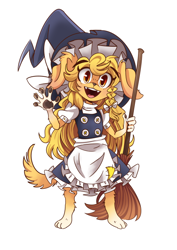 Size: 500x707 | Tagged: safe, artist:peargor, marisa kirisame (touhou), canine, dog, golden retriever, mammal, anthro, touhou, broom, female, paw pads, paws, solo, solo female, witch, witch hat