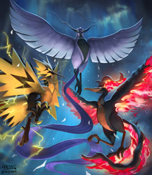 Size: 1500x1721 | Tagged: safe, artist:mcgmark, articuno, fictional species, galarian articuno, galarian moltres, galarian zapdos, legendary pokémon, moltres, zapdos, feral, nintendo, pokémon, 2020, ambiguous gender, beak, black feathers, blue feathers, claws, digital art, feathers, fire, flying, group, lightning, signature, sky, stripes, tail, talons, trio, wings, yellow claws, yellow feathers