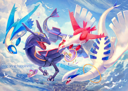 Size: 1749x1254 | Tagged: safe, artist:kuranaga, ash ketchum (pokémon), ash's pikachu (pokémon), fictional species, hoopa, latias, latios, legendary pokémon, lugia, meowth, mythical pokémon, pikachu, rayquaza, shiny pokémon, swablu, wingull, feral, nintendo, pokémon, 2015, black scales, black sclera, blue body, blue wings, city, claws, cloud, colored sclera, fangs, female, flying, group, hot air balloon, large group, male, on model, open mouth, pencil, photo, picture, pokémon trainer, red body, red eyes, red wings, ring, sharp teeth, signature, sky, tail, teeth, white claws, white wings, wings, yellow eyes