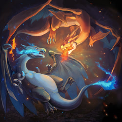 Size: 1008x1008 | Tagged: safe, artist:kuranaga, charizard, fictional species, mega charizard x, mega charizard y, mega pokémon, reptile, feral, nintendo, pokémon, 2013, ambiguous gender, black scales, black tail, blue eyes, blue scales, blue wings, claws, digital art, duo, fangs, fire, fire breathing, flying, green wings, open mouth, orange scales, orange tail, pokémon battle, red eyes, scales, sharp teeth, soles, starter pokémon, tail, tan scales, teeth, webbed wings, white claws, wings
