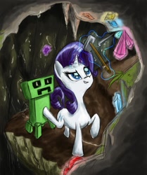 Size: 1024x1223 | Tagged: safe, artist:impcjcaesar, rarity (mlp), creeper (minecraft), equine, fictional species, mammal, monster, pony, unicorn, feral, friendship is magic, hasbro, minecraft, my little pony, ambiguous gender, crossover, crystal, cutie mark, diamond, duo, female, fur, gem, gems, green body, hair, hooves, horn, kicking, looking at someone, looking at something, magic, mane, mare, pickaxe, raised leg, tail, white body, white fur