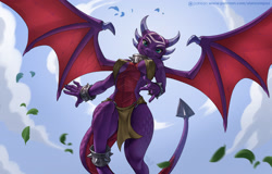 Size: 2000x1283 | Tagged: safe, artist:alanscampos, cynder the dragon (spyro), dragon, fictional species, western dragon, anthro, spyro the dragon (series), the legend of spyro, bra, bracelet, clothes, cloud, dragoness, female, flying, horns, jewelry, leaf, looking at you, signature, sky, solo, solo female, tail, underwear, wings