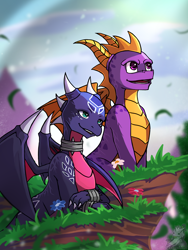 Size: 960x1280 | Tagged: safe, artist:zeitzbach, cynder the dragon (spyro), spyro the dragon (spyro), dragon, fictional species, western dragon, feral, spyro the dragon (series), the legend of spyro, 2d, dragoness, duo, female, flower, grass, lying down, male, open mouth, scenery, signature, sitting, spines