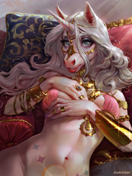 Size: 750x1000 | Tagged: safe, artist:levelviolet, equine, fictional species, mammal, unicorn, anthro, belly button, bracelet, breasts, ear fluff, ears, eyeshadow, female, fluff, gray eyes, hair, hand on breast, hands, horn, jewelry, laying back, long eyelashes, lying down, makeup, mare, nail polish, necklace, nudity, on side, partial nudity, pillow, ring, shiny, signature, solo, solo female, white body, white hair