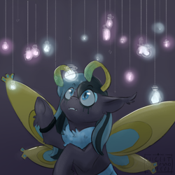 Size: 3000x3000 | Tagged: safe, artist:night_the_mad_queen, oc, oc only, oc:lymantria, arthropod, equine, fictional species, insect, mammal, moth, moth pony, pony, feral, friendship is magic, hasbro, my little pony, 2020, antennae, black fur, black hair, black mane, blue eyes, blue hair, blue mane, blue sclera, chest fluff, colored sclera, commission, digital art, dyed mane, ear fluff, eye through hair, eyebrow through hair, eyebrows, eyeliner, eyeshadow, fluff, fur, gray background, hair, high res, hoof fluff, hooves, light, looking up, makeup, male, mane, raised hoof, running makeup, simple background, slit pupils, solo, solo male, underhoof, watermark, wings, wristband, ych result