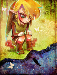 Size: 480x629 | Tagged: safe, artist:sui-yumeshima, link (zelda), arthropod, butterfly, elf, fictional species, fish, insect, mammal, feral, humanoid, nintendo, the legend of zelda, 2008, ambient wildlife, ambiguous gender, cute, looking at something, male, sitting, solo focus