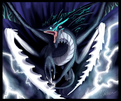 Size: 2430x2021 | Tagged: safe, artist:niicchan, stormcatcher (flight rising), deity dragon (flight rising), dragon, fictional species, reptile, feral, flight rising, 2013, blue eyes, high res, lightning, male, open mouth, solo, solo male