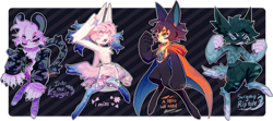 Size: 1280x569 | Tagged: safe, artist:sugaryu, oc, oc only, fictional species, kruel, mammal, anthro, digitigrade anthro, 2020, adoptable, ambiguous gender, group, simple background, transparent background