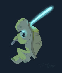 Size: 2253x2661 | Tagged: safe, artist:sarbear12112, reptile, turtle, semi-anthro, star wars, 2013, ambiguous gender, blue background, energy weapon, high res, holding, lightsaber, simple background, solo, solo ambiguous, weapon