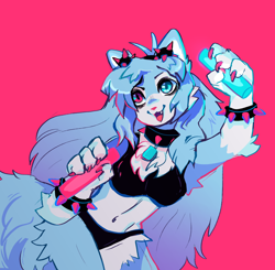 Size: 1194x1172 | Tagged: safe, artist:skelloony, oc, oc only, canine, mammal, anthro, 2019, bikini, claws, clothes, collar, color porn, female, glow stick, heterochromia, kemono, paws, pink background, raver, simple background, solo, solo female, spiked collar, swimsuit