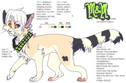 Size: 738x485 | Tagged: safe, artist:marsh-mallow, oc, oc only, oc:m&m (marsh-mallow), cat, feline, mammal, feral, 2008, ambiguous gender, collar, oekaki, paws, reference sheet, simple background, solo, solo ambiguous, tail, white background