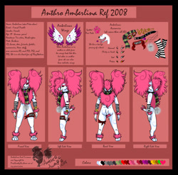 Size: 1337x1321 | Tagged: safe, artist:pinkscooby54, oc, oc only, oc:amberlina (pinkscooby54), canine, dog, mammal, poodle, anthro, digitigrade anthro, 2008, female, french poodle, glamfur, oekaki, red background, reference sheet, scene fashion, simple background, solo, solo female, watermark, wings