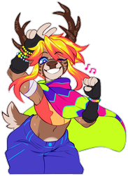 Size: 659x900 | Tagged: safe, artist:beep_treat, official art, nitro (lapfox), cervid, deer, mammal, anthro, lapfox trax, antlers, blue eyes, gesture, looking at you, nonbinary, peace sign, raver, simple background, solo, solo nonbinary, tail, transparent background