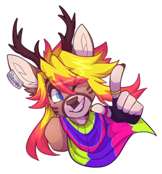 Size: 837x900 | Tagged: safe, artist:foxsnacks, official art, nitro (lapfox), cervid, deer, mammal, anthro, lapfox trax, antlers, clothes, nonbinary, one eye closed, pointing, raver, scarf, simple background, solo, solo nonbinary, transparent background, winking