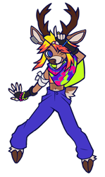 Size: 536x900 | Tagged: safe, artist:kurenai_chi, official art, nitro (lapfox), cervid, deer, mammal, anthro, unguligrade anthro, konami, lapfox trax, antlers, bemani, clothes, cute, hooves, nonbinary, one eye closed, pop'n music, raver, scarf, simple background, solo, solo nonbinary, style emulation, transparent background, winking