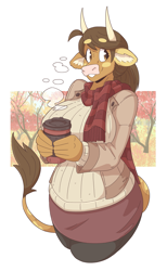 Size: 1649x2676 | Tagged: safe, artist:slightlysimian, oc, oc only, oc:molly (slightlysimian), bovid, cattle, cow, mammal, anthro, beanbrows, big breasts, breasts, brown eyes, clothes, coffee, female, scarf, simple background, smiling, solo, solo female, steam, sweater, topwear, ungulate, white background
