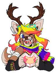 Size: 694x900 | Tagged: safe, artist:ohmiyoni, official art, nitro (lapfox), cervid, deer, mammal, anthro, lapfox trax, antlers, clothes, cute, heart, heart hands, nonbinary, piercing, raver, scarf, simple background, solo, solo nonbinary, tongue, tongue piercing, transparent background