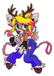 Size: 644x900 | Tagged: safe, artist:ohmiyoni, official art, nitro (lapfox), cervid, deer, mammal, anthro, unguligrade anthro, lapfox trax, antlers, clothes, cute, drugs, ecstasy, holding, hooves, looking at you, nonbinary, piercing, pill, raver, scarf, simple background, solo, solo nonbinary, tongue, tongue piercing, transparent background