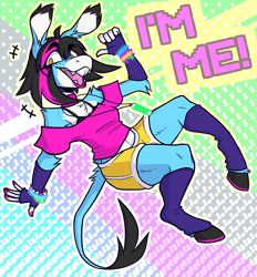 Size: 836x900 | Tagged: safe, artist:kurenai_chi, official art, emma essex (lapfox), donkey, equine, mammal, anthro, unguligrade anthro, lapfox trax, abstract background, clothes, color porn, female, hooves, mtf transgender, solo, solo female, transgender