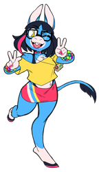 Size: 519x900 | Tagged: safe, artist:niceupdog, official art, emma essex (lapfox), donkey, equine, mammal, anthro, unguligrade anthro, lapfox trax, chibi, clothes, cute, female, gesture, hooves, mtf transgender, peace sign, raver, simple background, solo, solo female, transgender, transparent background
