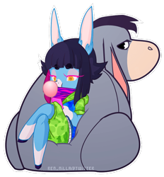 Size: 649x700 | Tagged: safe, artist:ren_nilla, official art, eeyore (winnie-the-pooh), emma essex (lapfox), donkey, equine, mammal, anthro, feral, unguligrade anthro, disney, lapfox trax, winnie-the-pooh, bubble, bubblegum, candy, chibi, crossover, cute, double outline, duo, food, furry confusion, hooves, male, nonbinary, plushie, simple background, sitting, transgender, transparent background, ungulate
