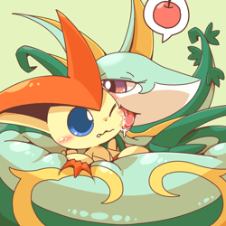 Size: 600x600 | Tagged: dead source, suggestive, artist:crepix, fictional species, legendary pokémon, mythical pokémon, serperior, victini, feral, nintendo, pokémon, 2014, ambiguous gender, apple, blushing, coiling, digital art, duo, fangs, food, fruit, green scales, imminent vore, licking, open mouth, pink eyes, scales, sharp teeth, speech bubble, starter pokémon, tan body, teeth, tongue, tongue out