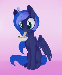 Size: 1107x1341 | Tagged: safe, artist:dusthiel, princess luna (mlp), alicorn, equine, fictional species, mammal, pony, feral, friendship is magic, hasbro, my little pony, 2020, atg 2020, bowl, eating, feathered wings, feathers, female, food, glowing, glowing horn, horn, mare, newbie artist training grounds, noodles, ramen, solo, solo female, sushi, tail, telekinesis, wings