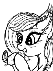 Size: 1200x1600 | Tagged: safe, artist:deletethis, oc, oc only, bat pony, equine, fictional species, mammal, pony, feral, friendship is magic, hasbro, my little pony, 2020, atg 2020, black and white, cute little fangs, female, food, fruit, grayscale, herbivore, mango, mare, monochrome, newbie artist training grounds, solo, solo female, tail
