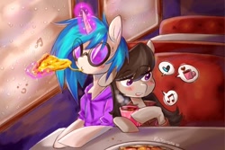 Size: 1280x854 | Tagged: safe, artist:kaikururu, octavia melody (mlp), vinyl scratch (mlp), earth pony, equine, fictional species, mammal, pony, unicorn, feral, friendship is magic, hasbro, my little pony, 2020, atg 2020, chair, duo, duo female, female, female/female, food, glasses, glowing, glowing horn, horn, mare, newbie artist training grounds, pizza, plate, scratchtavia (mlp), tail, telekinesis, train