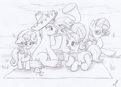 Size: 3340x2410 | Tagged: safe, artist:xeviousgreenii, cookie crumbles (mlp), hondo flanks (mlp), rarity (mlp), sweetie belle (mlp), equine, fictional species, mammal, pony, unicorn, feral, friendship is magic, hasbro, my little pony, 2020, atg 2020, black and white, book, clothes, crying, daughter, family, father, father and daughter, female, filly, foal, food, glasses, grayscale, hat, high res, horn, ice cream, ice cream cone, male, mare, monochrome, mother, mother and daughter, newbie artist training grounds, ocean, on model, picnic, radio, sad, siblings, signature, simple background, sister, sisters, sitting, smiling, stallion, sunglasses, tail, traditional art, vacation, water, white background, young