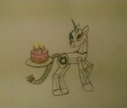 Size: 1024x875 | Tagged: safe, artist:ravagexeno, glados (portal), equine, fictional species, mammal, pony, robot, robot pony, unicorn, feral, friendship is magic, hasbro, my little pony, portal (game), valve, 2020, atg 2020, cake, crossover, female, feralized, food, furrified, heterochromia, horn, mare, newbie artist training grounds, plate, ponified, solo, solo female, species swap, tail, the cake is a lie, traditional art