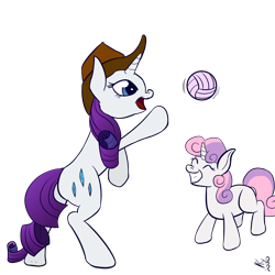 Size: 2280x2280 | Tagged: safe, artist:kylami, rarity (mlp), sweetie belle (mlp), equine, fictional species, mammal, pony, unicorn, feral, friendship is magic, hasbro, my little pony, 2020, atg 2020, clothes, duo, duo female, female, filly, foal, happy, hat, high res, horn, newbie artist training grounds, open mouth, simple background, smiling, tail, transparent background, young