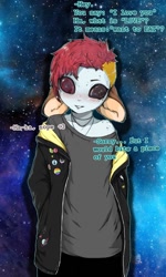 Size: 614x1024 | Tagged: species needed, safe, artist:blue_formalin, oc, oc only, alien, fictional species, anthro, 2017, ambiguous gender, blushing, clothes, dialogue, ears, jacket, jewelry, necklace, solo, solo ambiguous, space, talking, topwear