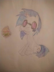 Size: 780x1040 | Tagged: safe, artist:machopony, vinyl scratch (mlp), equine, fictional species, mammal, pony, unicorn, feral, friendship is magic, hasbro, my little pony, 2020, atg 2020, burger, eating, female, food, glasses, hayburger, horn, lettuce, mare, newbie artist training grounds, solo, solo female, tail, telekinesis, tomato, traditional art, vegetables