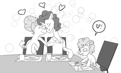 Size: 1122x684 | Tagged: safe, artist:fuzzgod5, cheese sandwich (mlp), lil' cheese (mlp), pinkie pie (mlp), earth pony, equine, fictional species, mammal, pony, feral, friendship is magic, hasbro, my little pony, 2020, atg 2020, bipedal, bowl, chair, cheesepie (mlp), clothes, eating, family, female, filly, foal, food, fork, glass, group, heart, herbivore, male, male/female, mare, monochrome, newbie artist training grounds, pie, plate, shipping, stallion, tail, trio, young