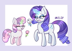 Size: 1700x1200 | Tagged: safe, artist:melliebun, rarity (mlp), sweetie belle (mlp), equine, fictional species, mammal, pony, unicorn, feral, friendship is magic, hasbro, my little pony, 2020, atg 2020, beauty mark, duo, duo female, eating, eyes closed, eyeshadow, female, filly, foal, food, glowing, glowing horn, happy, horn, ice cream, ice cream cone, makeup, mare, newbie artist training grounds, signature, simple background, tail, telekinesis, white background, young