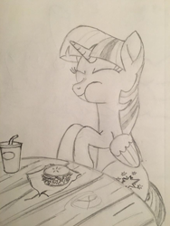 Size: 872x1160 | Tagged: safe, artist:twilightning storm, twilight sparkle (mlp), alicorn, equine, fictional species, mammal, pony, feral, friendship is magic, hasbro, my little pony, 2020, atg 2020, black and white, burger, eating, eyes closed, feathered wings, feathers, female, folded wings, food, grayscale, hayburger, herbivore, horn, mare, monochrome, newbie artist training grounds, simple background, solo, solo female, tail, tomato, traditional art, white background, wings