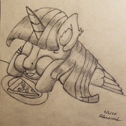 Size: 2268x2268 | Tagged: safe, artist:blueblaze95, twilight sparkle (mlp), alicorn, equine, fictional species, mammal, pony, feral, friendship is magic, hasbro, my little pony, 2020, atg 2020, black and white, eating, eyes closed, feathered wings, feathers, female, folded wings, food, grayscale, happy, high res, horn, mare, monochrome, newbie artist training grounds, pizza, plate, signature, solo, solo female, tail, traditional art, wings