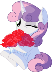 Size: 1024x1426 | Tagged: safe, artist:cyanlightning, sweetie belle (mlp), equine, fictional species, mammal, pony, unicorn, feral, friendship is magic, hasbro, my little pony, bouquet, cute, female, filly, flower, foal, horn, rose, solo, solo female, young
