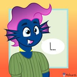 Size: 4000x4000 | Tagged: safe, artist:radomila radon, oc, oc only, oc:ian iodine, animal humanoid, fictional species, fish, mammal, humanoid, series:the periodic lives, ..., 2020, :d, abstract background, absurd resolution, bust, cute, ear fins, fangs, fins, gradient background, i, inkscape, male, ocbetes, sharp teeth, solo, solo male, speech bubble, teeth, vector