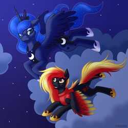 Size: 2500x2500 | Tagged: safe, artist:starshade, princess luna (mlp), oc, oc:fire drift, alicorn, equine, fictional species, mammal, pegasus, pony, feral, friendship is magic, hasbro, my little pony, bust, clothes, cloud, crown, cute, cyan eyes, ears, eyeshadow, female, flying, hair, high res, horn, jewelry, looking at something, makeup, mane, mare, night, ocbetes, peytral, regalia, sky, smiling, starry night, stars, wings