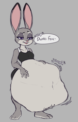 Size: 643x1000 | Tagged: suggestive, artist:hungyshark, judy hopps (zootopia), lagomorph, mammal, rabbit, anthro, disney, zootopia, belly, digestion, female, herbivore confusion, impossible fit, solo, solo female, stomach noise, vore
