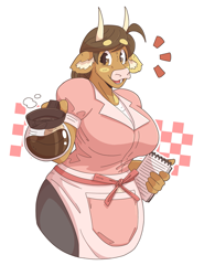 Size: 1415x1912 | Tagged: safe, artist:slightlysimian, oc, oc only, oc:molly (slightlysimian), bovid, cattle, cow, mammal, anthro, apron, beanbrows, big breasts, blushing, breasts, brown eyes, clothes, coffee, female, looking at you, notepad, solo, solo female