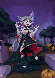 Size: 2103x2994 | Tagged: safe, artist:ruribec, oc, oc only, oc:kelly (ruribec), cat, feline, mammal, anthro, digitigrade anthro, 2019, barefoot, blue fur, cemetery, cheek fluff, claws, clothes, digital art, dress, ear tuft, fangs, featured image, female, fence, fluff, food, front view, fur, grass, graveyard, gray body, gray fur, gray hair, hair, halloween, high res, holiday, looking at you, night, outdoors, paw pads, paws, pumpkin, raised leg, sharp teeth, signature, sky, slit pupils, smiling, solo, solo female, standing, teeth, tree, underpaw, vegetables, white body, white fur, yellow eyes